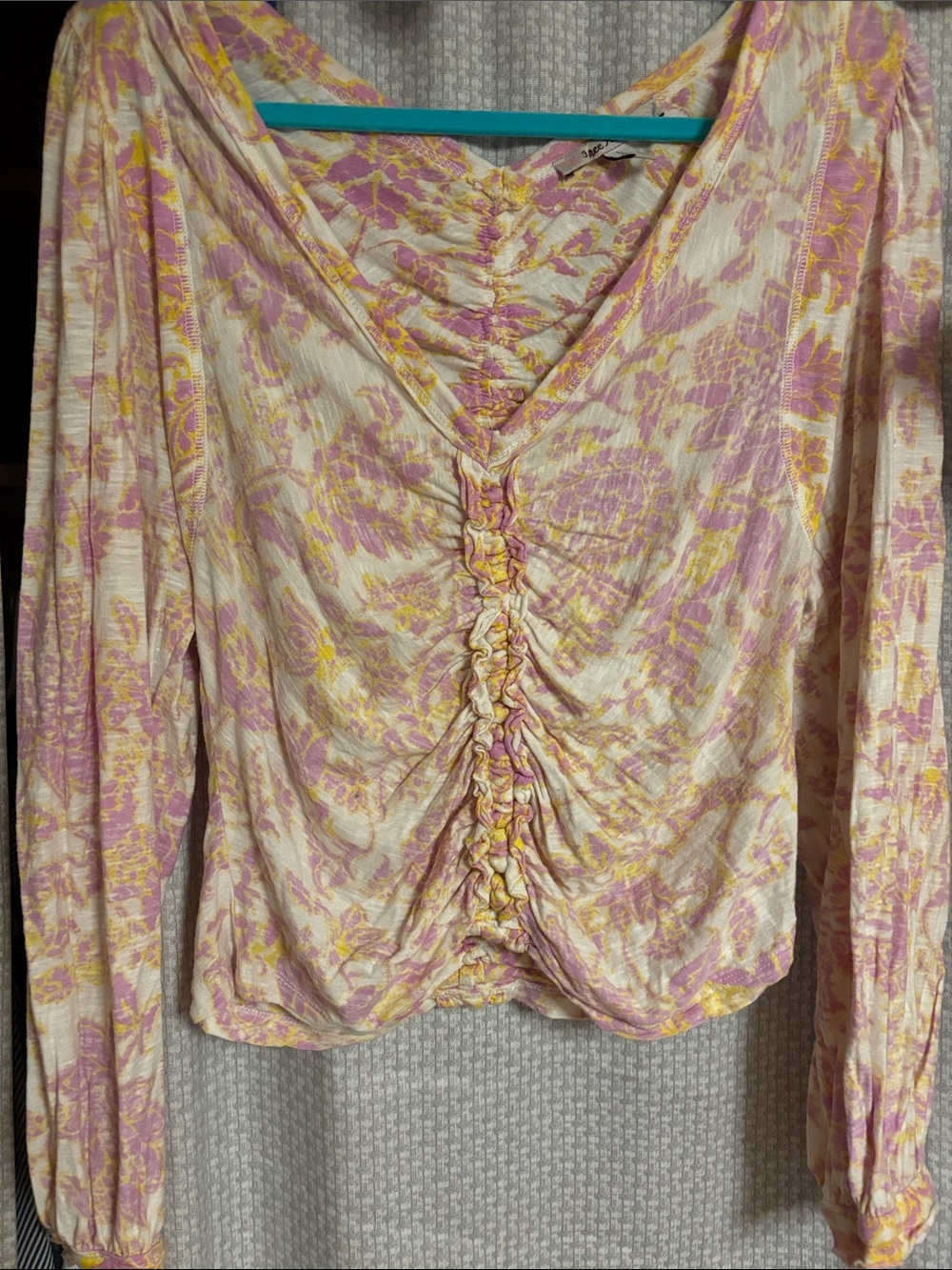 Free People Pastel Pink and Yellow Ruched V-Neck Long Sleeve Top
